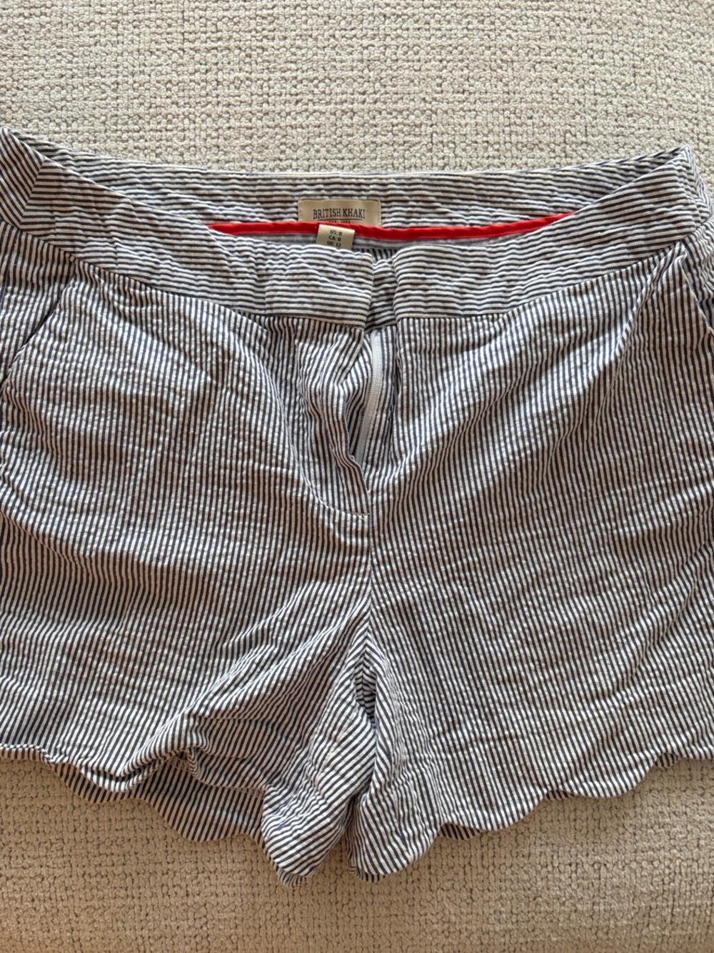 British Khaki Black & White Pinstripe Seersucker Scallop-Hem High Waist Shorts